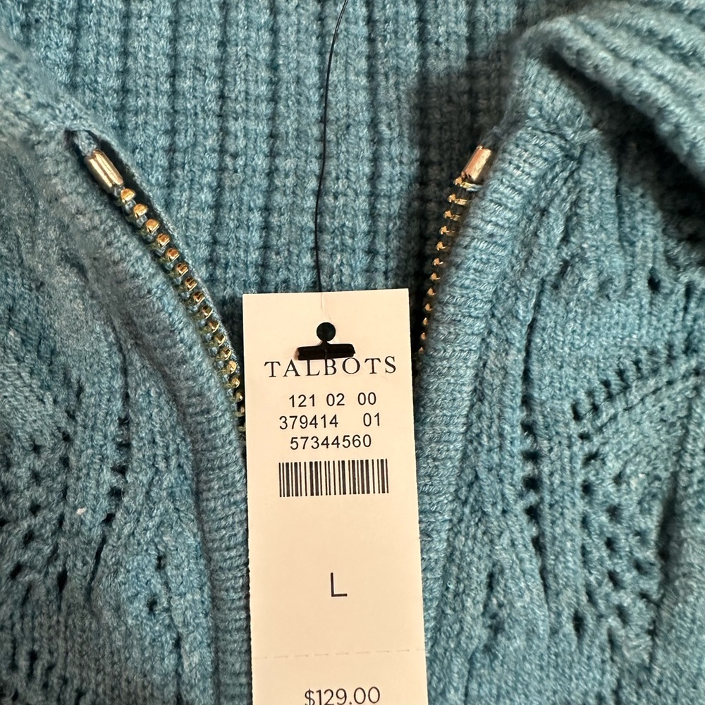 Talbots Teal-Blue Zip Front Cable-Knit Cardigan - NWT - Picture 3 of 5